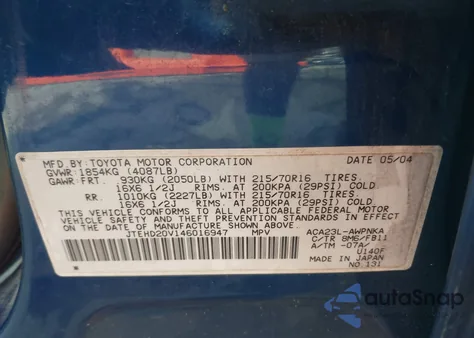 2004 Toyota Rav4 из США, поврежденный, VIN JTEHD20V146016947